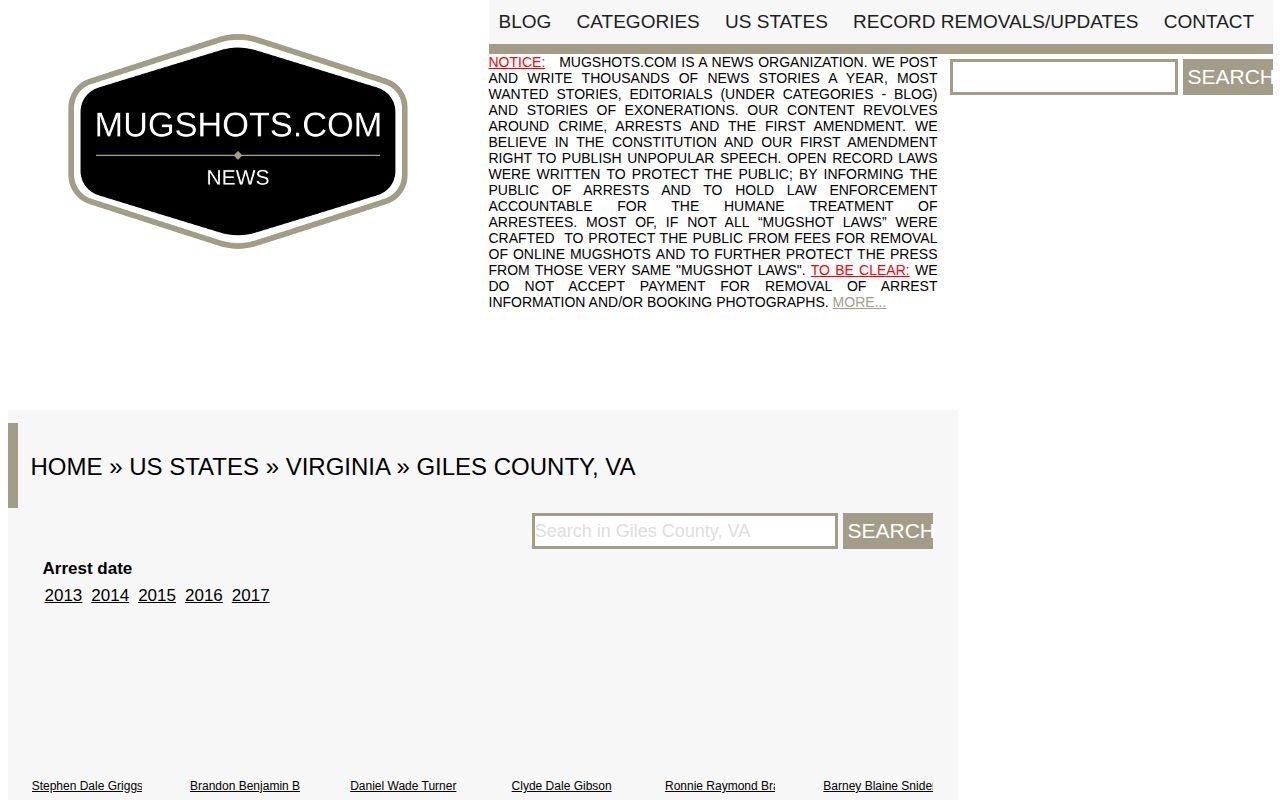 Giles County historical third-party mugshot index shown as an unofficial news lead