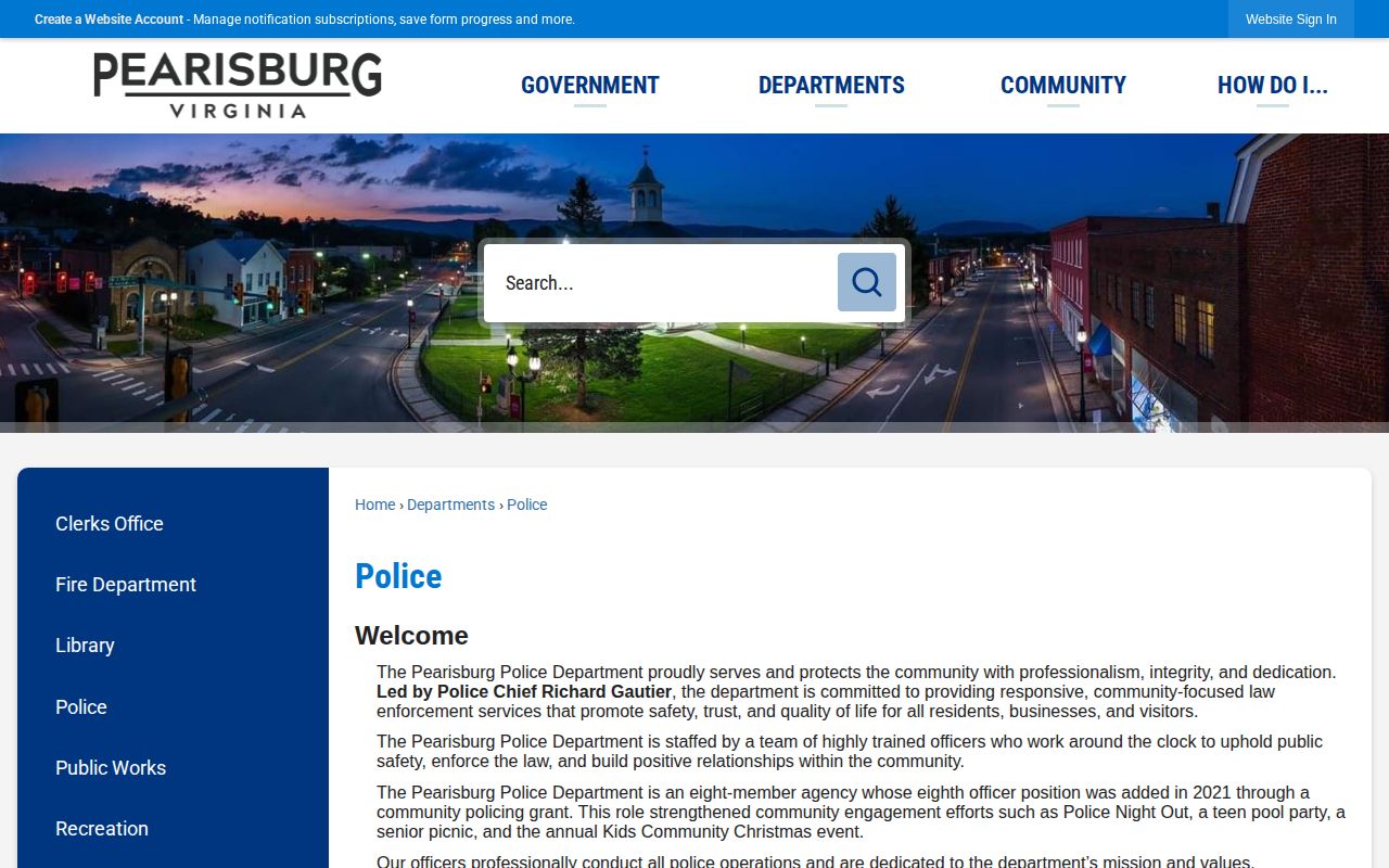 Pearisburg Police Department official webpage with department information